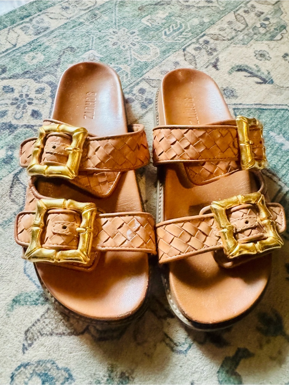 SCHUTZ Braided Tan Slide Sandals with Gold Buckles